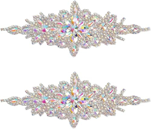 FINGERINSPIRE 2 Toppe Applique con Strass (Argento, 240x95mm) Glitter Colore AB Strass Cristallo Toppe Termoadesive Fiore Cintura Matrimonio Applique Toppe Strass Hotfix per Vestiti da Sposa Donna