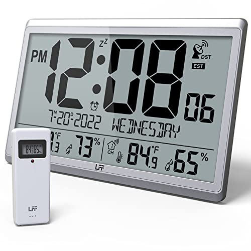 LFF Atomic Clock/Never Needs Setting, Digital Wall Clock with Indoor Outdoor Temperature & Humidity, Battery Operated, Wireless Outdoor Sensor, Atomic Wall Clock with 4.5 Numbers Easy-to-Read