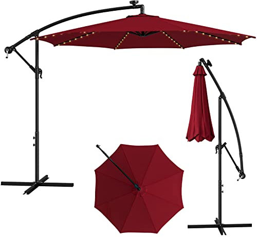 TANGZON 3M Cantilever Garden Parasol, Banana Patio Umbrella with 112 Solar-Powered LED Lights, Tilting Mechanism, Crank Handle & Cross Base, Outdoor Hanging Offset Sun Shade for Market Beach (Wine)