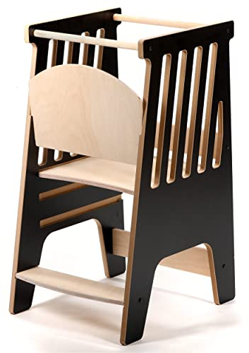 Lernturm Höhenverstellbar Cleo Learning Tower - 82x40x50 cm | Kinderhochstuhl Aufstiegshilfe Kindertritt Kinder Hocker | Montessori Tritthocker | Helferturm Hochstand Kinderhocker (Schwarz - Holz)