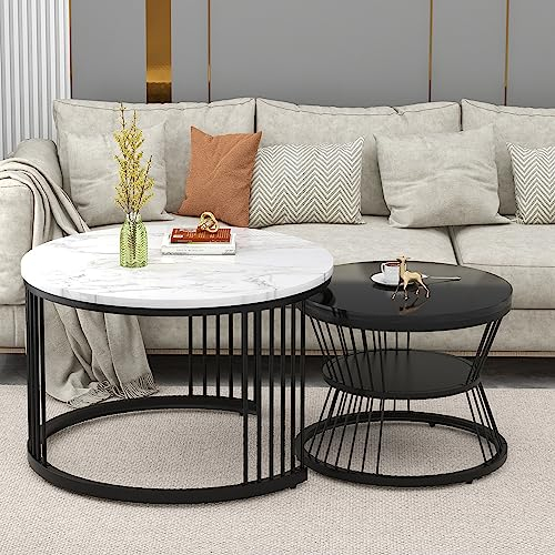 Moderne Rund Couchtisch 2er Set Rund Satztische Set Wohnzimmertisch Mit Metallgestell Und Marmor Furnier Beistelltisch Sofatisch Kaffeetisch Für Wohnzimmer (Schwarzer Rahmen + weiße Tischplatte)