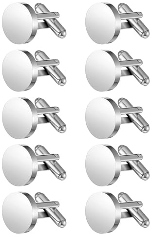 Newcotte 5 Pairs Cufflinks for Men Round Silver Cufflinks Mens Classic Stainless Steel Cuff Links Set for Wedding Gifts(Silver,Blank)