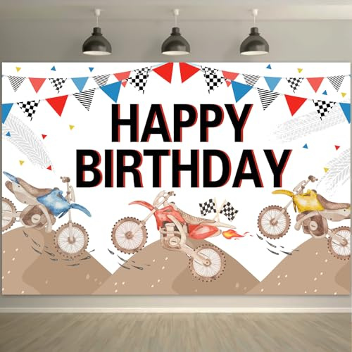 Dirt Bike Happy Birthday Backdrop, Watercolor Motocross Motorcycle Photography Background, Racing Bike Extreme Sports Themed Birthday Party Supplies Decorations Cake Table Photo Booth Props (5x3ft)