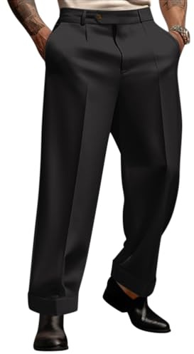 Oanviso Pantaloni da Abito da Uomo Pants da Lavoro con Pieghe e Tasche Classici Pantalone a Gamba Dritta in Tinta Unita Business Formali Pant da Esterno alla Moda C Nero XL