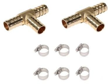 Kenhihi 2 pcs tee barb fittings for 1/2 (12mm) inner diameter hoses, 6 stainless steel pipe clamps, T-tee union intersections/split brass water/fuel/air(T type 1/2(12mm)