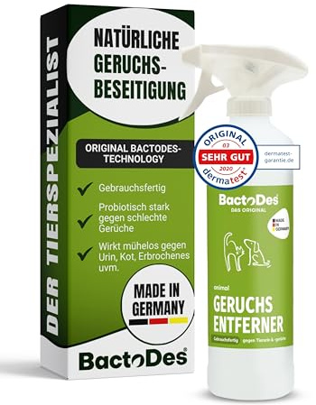 BactoDes - Animal Geruchsneutralisierer 1 L in gebrauchsfertiger Sprayflasche - Starker Enzymreiniger Katzenurin, Hundeurin & Tiergerüche - Effektiver Geruchsentferner mit Bio Mikroben-Wirkung