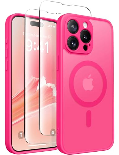 CAPRARO für iPhone 15 Pro Max Case, Kompatibel mit MagSafe | Verbessert [Vollständiger Kameraschutz] Schutzhülle für Frauen und Mädchen, Durchscheinend, Matt, Heißes Rosa