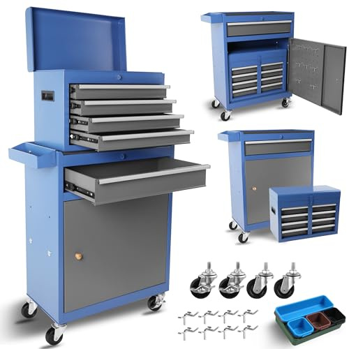 Fulvari Large Rolling Tool Chest,5-Drawer Tool Boxes On Wheels with Organizer Bins,Mobile Steel Detachable Tool Cabinet with Hooks,Adjustable Shelf & Locking System for Workshop Garage Grey