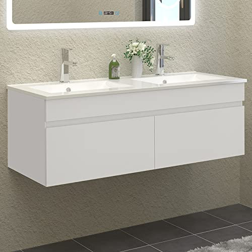 HAPAOSO Meuble de Salle de Bain Double Vasque 120 cm + Casier Couleur Blanc（Double Porte Ouverte）