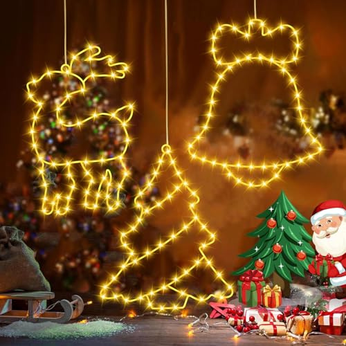Christmas Window Lights, 3 Big Xmas Decorations Lights 155 LEDs | Stars Reindeer Jingle Bell String Lights for Garden Yard Xmas Patio Wedding Outdoor Indoor 8 Modes with Timer Curtain Lights