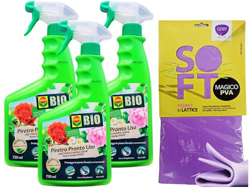 SET: 3xDetergente Spray Insetticida a Rapida Azione, PIRETRO PRONTO USO. Protegge Le Piante Floreali e Ornamentali, Di Origine Naturale 750ml + Panno In Lattice SOFT, Formato 30x30