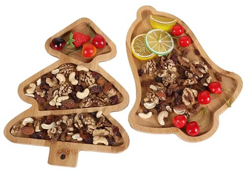 Mokylor 2 Stück Hölzernes Weihnachts-Serviertablett, Weihnachtsglocke, Weihnachtsbaum-förmiges Hölzernes Vorspeisentablett, Gerichte, Snacks, Desserts, Süßigkeiten,