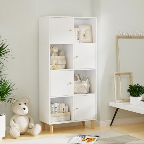 CHOWGOLI Bücherregal Mit 8 Fächern und 4 Türen, Bücherschrank Standregal, Würfelregal Moderner Stil Aufbewahrungsregal, Bücher Regal Weiß Modern Style, 64.5x30x138cm, Weiß