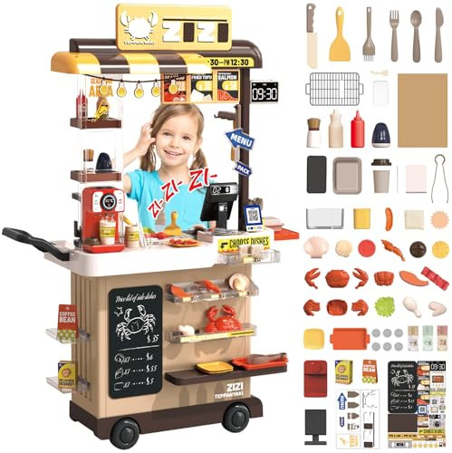 deAO Groß Kinderküche mit Licht Ton Wasser Dampf, Küchenspielset für Kinder, 88 Stck Spielküche Küchenset mit Kaffeemaschine, Registrierkasse, Spülbecken, Grill, Geschenk für 4-10 Jahren (Braun)