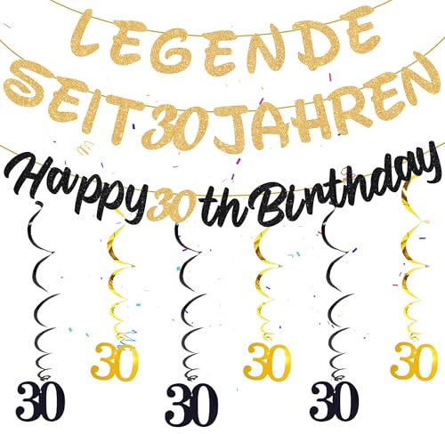 Girlande 30.Geburtstag Frauen Männer - 42 Stücke Geburtstagsdeko Banner, Schwarz Gold Dekorationen Spiralen Hängedeko Happy 30th Birthday Hängende für Geburtstag Party
