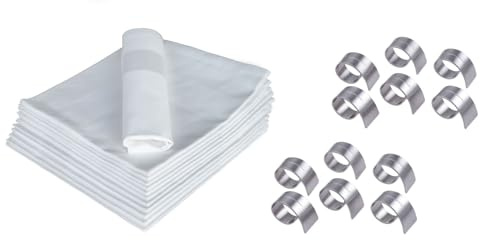 texpot 12 Stück Stoffservietten 40 x 40 cm mit 12 Serviettenringen Baumwolle Vorteilspack weiß Mundtücher