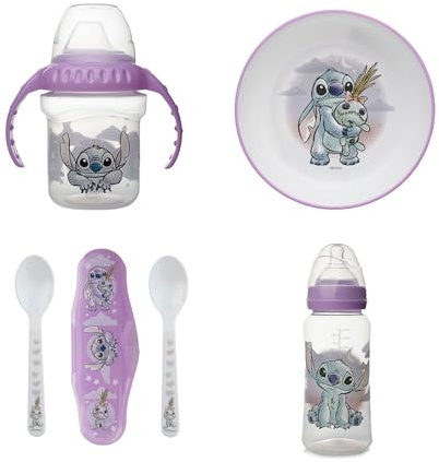 DISNEY BABY Lilo & Stitch Pack repas 1er âge 5 pièces | Pack repas avec tasse anti-fuites, bol antidérapant, cuillères et gourde, dès 10 mois.