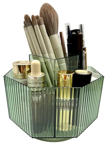 LiteTour Rotating Desk Organizer, Multi-Compartment Makeup Brush Holder, Skincare Storage, Office Supplies, Stationery, Home & Countertop Organizer for Vanity, Bathroom & Kitchen Crystal Green 360°