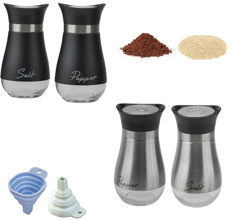 QZDAFFIC 4Pcs Salt and Pepper Sets, Stainless Steel Salt Pot with Small Funnel Salt Shaker Kitchen Gadgets for Cooking Restaurant BBQ (Silver & Black)