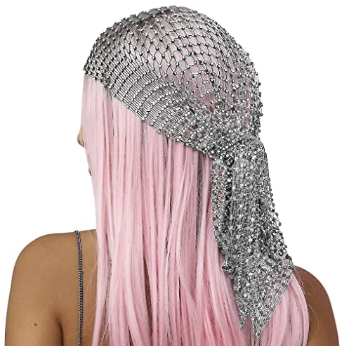 Damen Strass Kopftuch Netz Schleier Kappe - Elastisches Fischnetz Stirnband Bandana Cap Glitzer Hip Hop Turban Cap für Mädchen, Party, Nachtclub, Festivals, Hochwertige Haarschmuck (Silber, onesize)