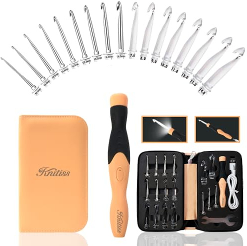Knitiss 17Größen Leuchtende Häkelnadel Wiederaufladbare Häkelnadeln Orange | Ergonomische Häkelnadel, 2.5–14 mm, mit Soft Grip Griff, Häkelnadelköpfe aus Metall und Kunststoff, Geschenk