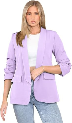 ANZEE Women's Ruched Sleeve Fully Lined Blazer Ladies Open Collared Casual Office Formal Jacket Top with Front Pockets UK Size S-3XL (UK, Alpha, L, Regular, Regular, Lilac)