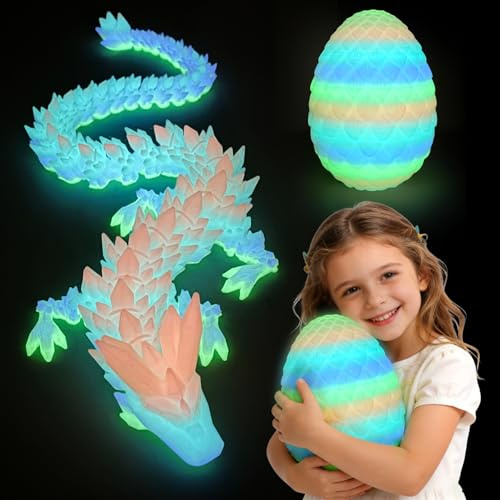 Flavery 3D Printed Dragon Egg - Easter Egg, Surprise Egg with Flexible Pearly Sheen Dragon Inside, 3D Printed Gift Toy,Figurine Decor(12” Dragon) (Glow Rainbow, Extra Large)