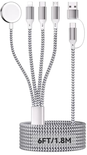 4 in 2 Multi Schnellladekabel für A pple Watch, 1.8M/6FT Nylon Ladekabel Ladegerät USB-A/C zu iOS /Typ C/Micro-USB/iWatch, Kompatibel mit iWatch Ultra/SE/1-11/iPhone/iPad/AirPods/Galaxy/Huawei
