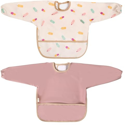 MIMUSELINA | Set di 2 Bavaglini Neonato Impermeabili | Bavaglino con Maniche Lunghe | Chiusura Regolabile e Polsini Elastici | Bavaglino Svezzamento | Ideali per Asilo Nido (Sorbet)