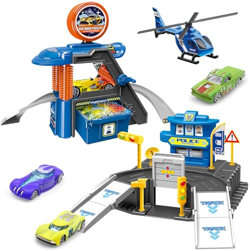 Fistone Kids Parking & Car Wash Playset – Includes Play Mat and 3 Color-Changing Cars – Fun Racing & Car Wash Toy for Children