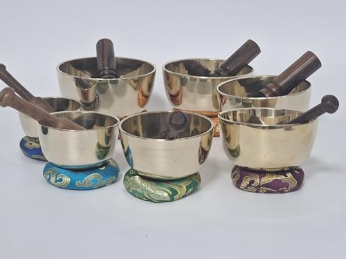 Tibetan Singing Bowl Set, 7-Piece Bronze Meditation Bowls, Chakra Healing and Sound Therapy, with Mallets and Cushions