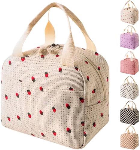 Lunchtaschen für Frauen - Wiederverwendbare Große isolierte Lunchbox, leichtes Tragetasche für Arbeit, Reisen, Strand und täglichen Gebrauch, Beerenrot - Beige