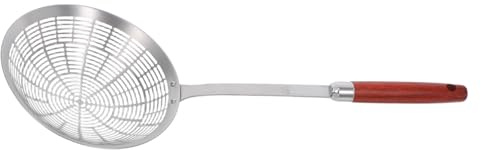 LIFKOME Colino Cucchiaio in Acciaio con Manico in Legno Lungo Mestolo Scolapasta Spesso per Scolare e Friggere Noodles Ravioli e Verdure Utensile da Cucina Resistente e Portatile