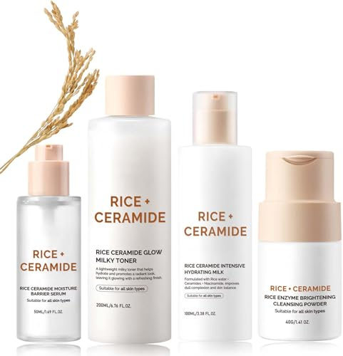 Reis Skincare Set - Rice Gesichtspflege Skin Care Set - Korean Skincare Set - Beauty Set & Geschenkset Frauen mit Glow Milky Toner, Rice Enzyme Brightening Cleansing Powder, Rice Ceramide Serum,Lotion