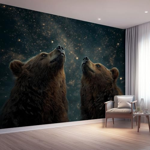Fototapete Tier Vlies Tapeten 400 x 280 cm, Wandtapete Wohnzimmer Schlafzimmer Küche Dekoration Concealer, Braunes Bär Sternenhimmel