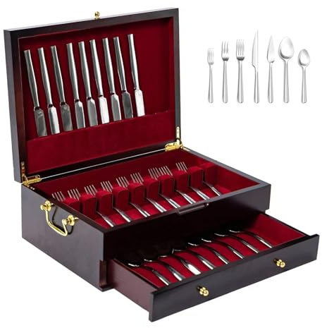 KVTUYC Wooden Silverware Storage Box, Double Layers Wooden Silverware Chest, with Handle and Felt Lining, for Kitchen Holds 12, 16 or More Sets, Flatware and Utensil Organizer for Kitchen