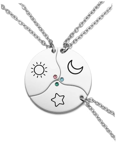 Jovivi BFF Necklaces for 3 Stainless Steel Sun and Moon Star Friendship Puzzle Matching Necklaces for Best Friends Sisters Forever Jewelry Gifts