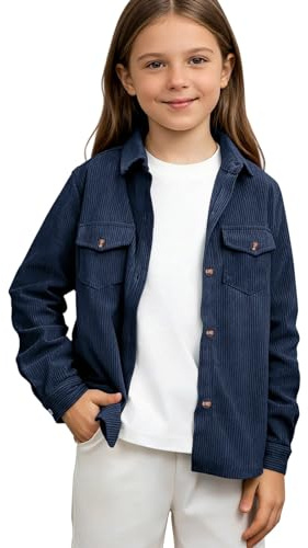 Teen Girls Boys Corduroy Jacket Winter Long Sleeve Button Down Lapel Flannel Shirt with Pocket Kids Casual Fashion School Uniform Corduroy Shirt Warm Soft Comfort Flannels Blouse (Navy, 15-16 Years)