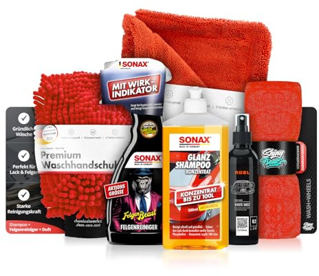Autowäsche Set – SONAX Glanz Shampoo Konzentrat 500 ml + FelgenBeast Felgenreiniger 500 ml + Waschhandschuh + Trockentuch + Mikrofasertuch + Duftspray – Auto Waschset, Autoreinigungsset Außen, 6-tlg.