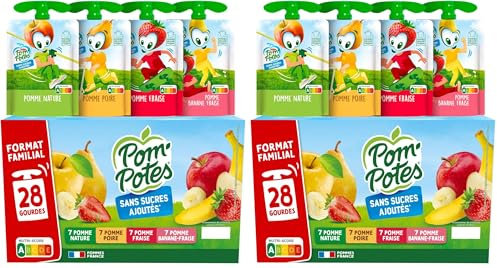 POM'POTES® - Compote Gourde Sans Sucres Ajoutés* - Pomme Nature - Poire- Fraise- Banane Fraise - Pommes Françaises - Source De Fibres - Nutri-Score A - 3 Ans Et Plus - 28 x 90g (Lot de 2)