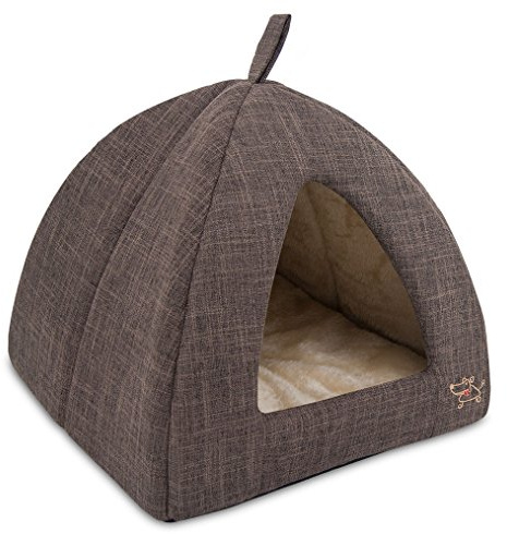 Best Pet Supplies Cat Bed for Indoor Cat, Domed Tent House with Removable Pillow, Covered Cat Cave for Small Dog, Puppies and All Breeds of Cats - Brown Linen, 19 x 19 x H:19