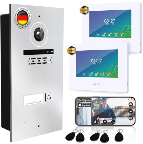 MATHFEL 1 Familienhaus 2 Draht Bus WLAN Video-Türsprechanlage, 2x7 Zoll Monitor mit Full HD 2 Megapixel 170 Grad Weitwinkelkamera -Außenstation in Silber mit RFID
