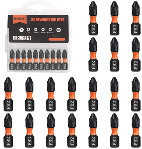 BAIDETS Pro PH2 Bit Assortment - Screwdriver Bits Set 20Pcs, 25mm Length, Phillips Screwdriver Bit, 1/4 Inch Hex Shank, with Storage Box