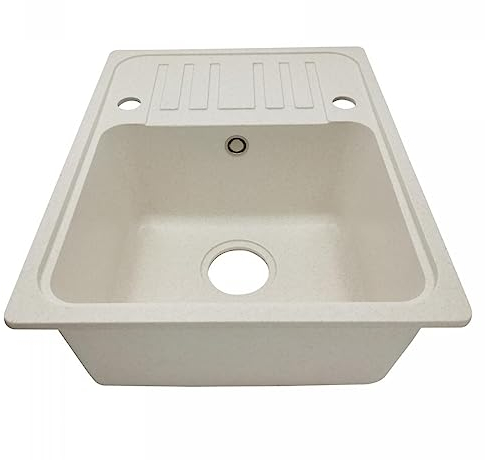 Aquamarin® Fregadero de Cocina - de Granito, 1 Seno, con Sifón, Grifo, Escurridor Reversible y Set de Desagüe, Integrado o Empotrado, 57 x 45 cm, Beige - Lavabo de Cocina