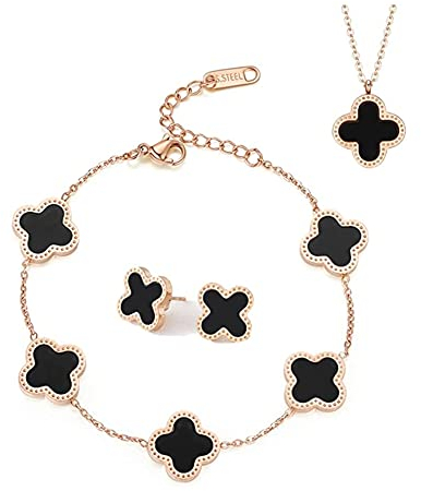 TOFBS Four-Leaf Clover Jewellery Set for Women Girls 18K Rose Gold Plated Stainless Steel Double-sided Black White Pendant Necklace Stud Earrings Bracelet Jewellery Set (Black)