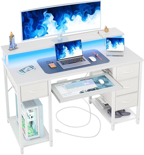 BEXEVUE120x50 Office Desk with LED & Power Outlets, Computer Table with Keyboard Tray, Modern Gaming Desk with 4 Reversible Drawers, Large Storage Shelf Workstation for Study, Home Office, White