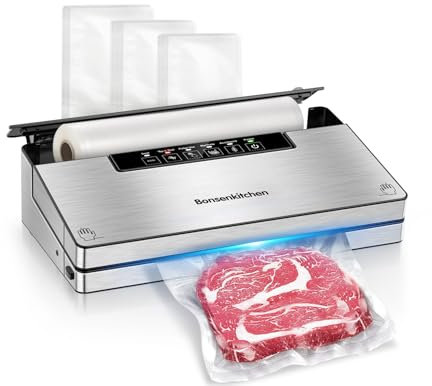 Bonsenkitchen Vakuumierer, Stark Vakuumiergerät mit 5 Modi, 8 L/Min, Globefish-Technologie für Kontinuierliches Arbeiten mit Hoher Geschwindigkeit, Enthält 100 Vakuumbeutel und 1 Rollbeutel