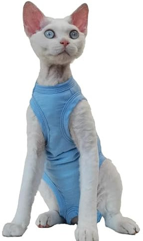 PetSmiler Katzenbody nach OP - Katzen Body Sphynx Katze Kleidung Dehnbare Katzenbody nach OP Kastration, Katzen Pullover mit Bauchschutz Tshirt für Katzen Operation, Kastrationsbody Blau S