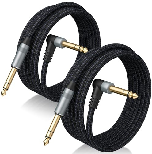 Birvemce 2 Pack Premium TRS Cable 10FT, 1/4 Inch TRS Cable- Noise Free and Long-Lasting Stereo 1/4 Audio Cable, Balanced Interconnect Line for Electric Guitar, Mixer, Studio Monitor, Right Angle
