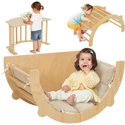 AIYAPLAY 3 en 1 Arche Escalade Enfants, Chaise à Bascule et Table de Jeu avec Coussin - Parcours motricité bébé en en Bois Massif pour garçons & Filles de 18 à 48 Mois, Bois Naturel